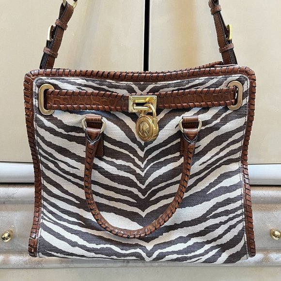 Michael Kors Hamilton Whipped Tiger Animal Print Canvas Brown Hand Shoulder Bag - Picture 1 of 12